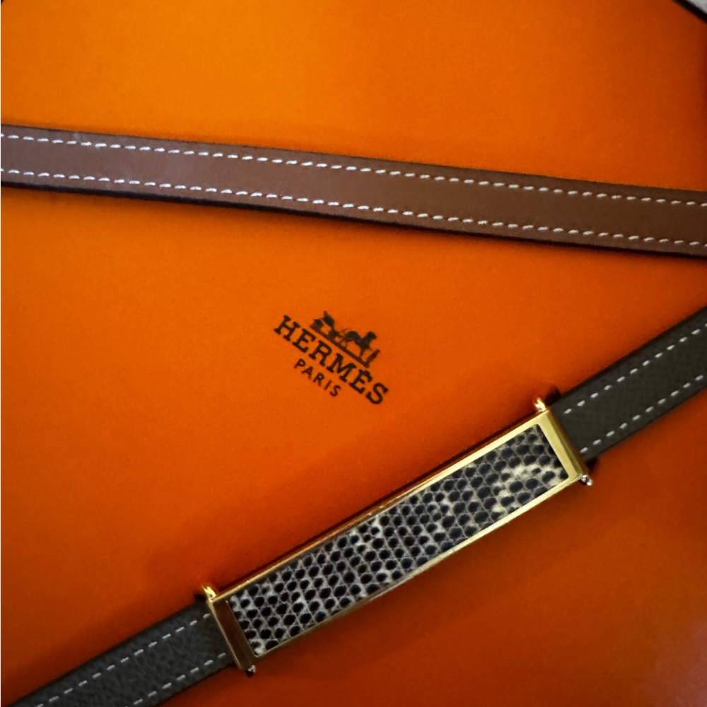 Hermes RARE EXOTIC Lizard Belt Buckle Black/Tan Reversible Skinny Belt Size 75